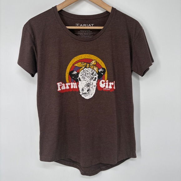 Ariat Tops - Ariat Womens Farm Girl‎ Cow Graphic Tee Brown Short Sleeve Scoop Neck Small
